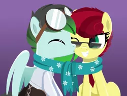 Size: 1031x775 | Tagged: safe, artist:jhayarr23, derpibooru import, oc, oc:aces high, oc:gryph xander, earth pony, pegasus, pony, clothes, female, goggles, kissing, male, mare, necktie, pants, scarf, shared clothing, shared scarf, shirt, smiling, stallion, sunglasses