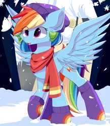 Size: 1300x1500 | Tagged: safe, artist:heddopen, derpibooru import, rainbow dash, butterfly, pegasus, pony, beanie, clothes, cute, dashabetes, eye clipping through hair, female, hat, open mouth, scarf, snow, socks, solo, winter, winter outfit