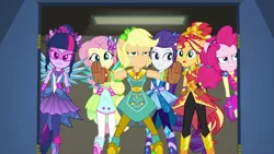Size: 1920x1080 | Tagged: safe, derpibooru import, screencap, applejack, fluttershy, pinkie pie, rarity, sci-twi, sunset shimmer, twilight sparkle, equestria girls, equestria girls series, super squad goals, crystal guardian, crystal wings, geode of empathy, geode of sugar bombs, geode of super strength, geode of telekinesis, magical geodes, ponied up, scitwilicorn, wings