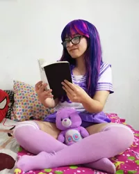 Size: 768x960 | Tagged: artist:ribbonbell, bed, book, care bears, clothes, cosplay, costume, derpibooru import, human, irl, irl human, long socks, photo, plushie, reading, safe, sailor uniform, share bear, socks, solo, thigh highs, twilight sparkle, uniform