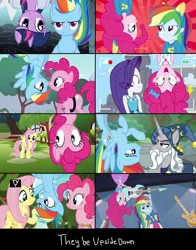Size: 1310x1672 | Tagged: safe, derpibooru import, edit, edited screencap, screencap, fluttershy, pinkie pie, rainbow dash, rarity, star swirl the bearded, twilight sparkle, twilight sparkle (alicorn), alicorn, pegasus, pony, unicorn, best trends forever, buckball season, equestria girls, equestria girls (movie), equestria girls series, guitar centered, happy birthday to you!, pinkie pride, rainbow rocks, shadow play, apple, apple tree, best trends forever: pinkie pie, bow, camera shot, cute, diapinkes, duo, fluttershy's cottage, geode of shielding, geode of sugar bombs, guitar, hat, in which pinkie pie forgets how to gravity, magical geodes, musical instrument, netflix, now kiss, out of context, pinkie being pinkie, pinkie physics, ponk, shocked expression, text, tree, tv rating, tv-y, upside down, upside down face, voice actor joke, wall of tags