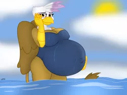 Size: 1280x960 | Tagged: suggestive, artist:theimmortalwolf, derpibooru import, gilda, anthro, gryphon, belly, belly button, big belly, breasts, busty gilda, clothes, erect nipples, female, folded wings, hand on belly, lidded eyes, looking at you, nipple outline, one-piece swimsuit, outie belly button, pregnant, swimsuit, water, wings