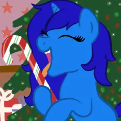 Size: 2100x2100 | Tagged: safe, artist:lannielona, derpibooru import, oc, oc:delly, unofficial characters only, pony, unicorn, baubles, candy, candy cane, christmas, christmas decoration, christmas tree, commission, eyes closed, female, food, happy, holiday, indoors, licking, lights, mare, present, show accurate, solo, stars, tongue out, tree, wall, ych result