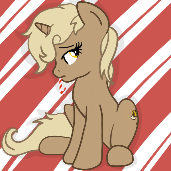 Size: 2100x2100 | Tagged: safe, artist:lannielona, derpibooru import, oc, oc:honey bee, unofficial characters only, pony, unicorn, abstract background, candy, candy cane, christmas, commission, female, food, high res, holiday, looking back, mare, sitting, solo, wrapping paper, ych result