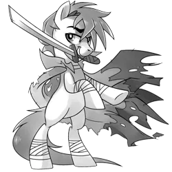 Size: 1024x1024 | Tagged: safe, artist:pepooni, derpibooru import, oc, unofficial characters only, pony, buck legacy, bandage, bipedal, black and white, card art, cloak, clothes, grayscale, katana, looking at you, male, monochrome, raised eyebrow, rearing, simple background, solo, sword, tattered, transparent background, weapon
