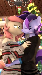 Size: 1080x1920 | Tagged: 3d, anthro, artist:anthroponiessfm, breasts, christmas, christmas tree, clothes, cute, derpibooru import, eyes closed, female, females only, holiday, kissing, lesbian, mistletoe, oc, oc:atari, oc:raven storm, off shoulder, source filmmaker, suggestive, sweater, tree