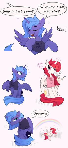 Size: 1250x2715 | Tagged: safe, artist:yakovlev-vad, derpibooru import, princess celestia, princess luna, alicorn, pony, alternate hair color, best pony, clothes, comic, cross-popping veins, cute, cutelestia, dialogue, female, lunabetes, mare, offscreen character, rainbow, royal sisters, s1 luna, shirt, sibling rivalry, siblings, sisters, speech bubble, younger