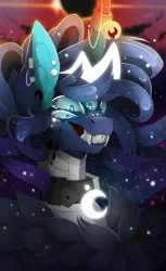 Size: 862x1406 | Tagged: safe, artist:taiga-blackfield, derpibooru import, princess luna, pony, bust, creepy, crown, eclipse, female, four eyes, horn, horn ring, jewelry, monster, monster mare, multiple eyes, portrait, regalia, ring, scary, sharp teeth, solar eclipse, solo, teeth