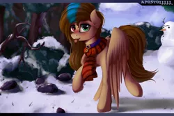 Size: 2560x1706 | Tagged: source needed, safe, artist:apostolllll, derpibooru import, oc, unofficial characters only, pegasus, pony, clothes, collar, female, heterochromia, mare, scarf, snow, snowman, solo, tongue out, winter