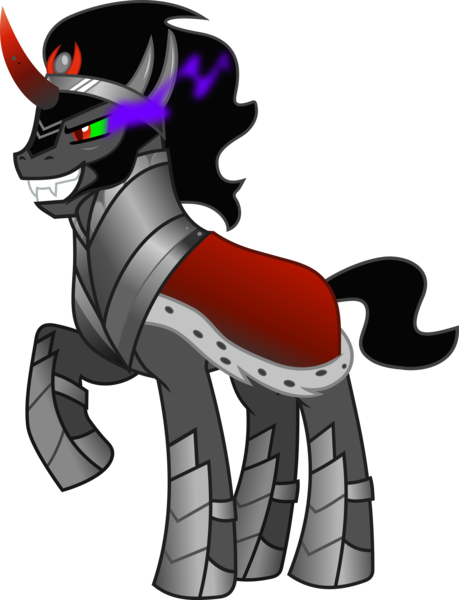 Size: 3122x4081 | Tagged: safe, artist:frownfactory, banned from derpibooru, deleted from derpibooru, derpibooru import, king sombra, pony, unicorn, the crystal empire, .svg available, antagonist, armor, cape, clothes, crown, curved horn, dark magic, edgy, ethereal mane, ethereal tail, evil grin, fangs, grin, horn, image, jewelry, magic, male, raised hoof, regalia, simple background, smiling, solo, sombra eyes, stallion, svg, transparent background, vector