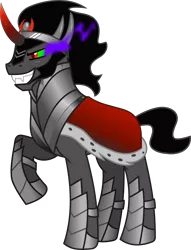 Size: 3122x4081 | Tagged: safe, artist:frownfactory, banned from derpibooru, deleted from derpibooru, derpibooru import, king sombra, pony, unicorn, the crystal empire, .svg available, antagonist, armor, cape, clothes, crown, curved horn, dark magic, edgy, ethereal mane, ethereal tail, evil grin, fangs, grin, horn, image, jewelry, magic, male, raised hoof, regalia, simple background, smiling, solo, sombra eyes, stallion, svg, transparent background, vector