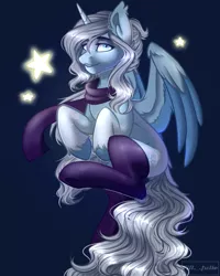 Size: 2000x2500 | Tagged: safe, artist:vill._.julie, derpibooru import, oc, oc:permafrost, unofficial characters only, alicorn, pony, alicorn oc, clothes, commission, female, horn, mare, scarf, simple background, socks, solo, stockings, thigh highs, wings, ych result