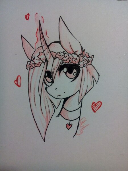 Size: 1224x1632 | Tagged: source needed, safe, artist:okity, derpibooru import, oc, unofficial characters only, pony, unicorn, bust, choker, female, floating heart, floral head wreath, flower, glowing horn, heart, horn, mare, monochrome, portrait, smiling, solo, traditional art