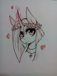 Size: 1224x1632 | Tagged: source needed, safe, artist:okity, derpibooru import, oc, unofficial characters only, pony, unicorn, bust, choker, female, floating heart, floral head wreath, flower, glowing horn, heart, horn, mare, monochrome, portrait, smiling, solo, traditional art