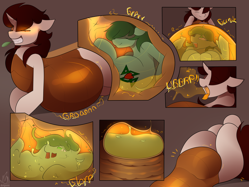 Size: 4000x3000 | Tagged: questionable, artist:detpoot, derpibooru import, oc, oc:biepbot, oc:eskalion, changeling, original species, waspling, belly, big belly, burp, death, digestion, fetish, male, maledom, melting, stomach acid, stomach noise, vore, weight gain, willing vore