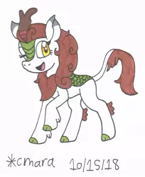 Size: 761x931 | Tagged: safe, artist:cmara, derpibooru import, autumn blaze, kirin, sounds of silence, chest fluff, cloven hooves, female, horn, image, jpeg, leonine tail, marker drawing, one eye closed, one hoof raised, open mouth, scales, simple background, solo, standing, traditional art, unshorn fetlocks, white background, wink