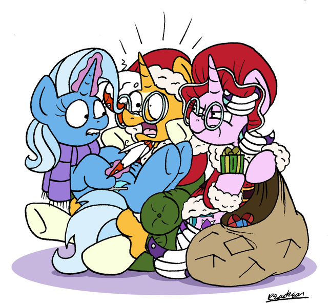 Size: 4488x4194 | Tagged: safe, artist:bobthedalek, derpibooru import, starlight glimmer, sunburst, trixie, pony, unicorn, absurd resolution, chair, christmas, clothes, costume, glare, glasses, glowing horn, hat, hearth's warming eve, holiday, horn, inconvenient trixie, lip bite, magic, present, sack, santa costume, santa hat, santa sack, starlight is not amused, telekinesis, unamused