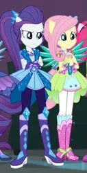 Size: 293x577 | Tagged: safe, derpibooru import, screencap, fluttershy, pinkie pie, rarity, sci-twi, twilight sparkle, equestria girls, equestria girls series, super squad goals, boots, clothes, cropped, crossed arms, crystal guardian, crystal wings, duo, duo female, female, geode of fauna, geode of shielding, magical geodes, offscreen character, pants, ponied up, pony ears, shoes, skirt, wings