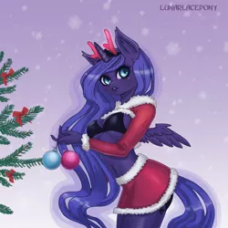 Size: 1200x1200 | Tagged: alicorn, anthro, artist:lunarlacepony, bra, breastless clothes, breasts, christmas, clothes, costume, derpibooru import, female, holiday, horns, mare, miniskirt, princess luna, santa costume, sexy, sexy santa costume, simple background, skirt, snow, solo, suggestive, toy, underwear