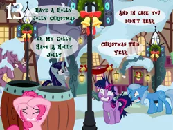 Size: 1024x768 | Tagged: safe, artist:bronybyexception, derpibooru import, pinkie pie, trixie, twilight sparkle, earth pony, pony, unicorn, advent calendar, barrel, bells, christmas, earworm, have a holly jolly christmas, holiday, insanity, lamppost, snow, stereo, twilight snapple, wreath