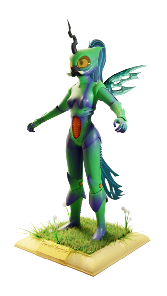 Size: 2160x3840 | Tagged: 3d, alternate version, anthro, armor, artist:evan555alpha, blank expression, blender, bodysuit, boots, clothes, cuirass, cycles, cycles render, dandelion, derpibooru import, fauld, front view, girdle, gloves, grass, helmet, mandibles, pauldron, peytral, plantigrade anthro, plaque, ponytail, queen chrysalis, safe, shoes, simple background, tail, tights, t pose, transparent background