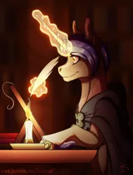 Size: 900x1184 | Tagged: safe, artist:inuhoshi-to-darkpen, derpibooru import, clover the clever, pony, unicorn, apprentice, candle, fire, headcanon, horn, levitation, long horn, mage, magic, magic aura, quill, solo, telekinesis
