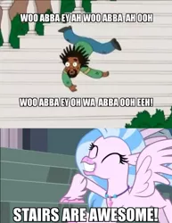 Size: 704x913 | Tagged: adorkable, bobby mcferrin, caption, classical hippogriff, cute, derpibooru import, diastreamies, dork, edit, edited screencap, falling, family guy, hippogriff, image macro, pain, safe, school daze, screencap, silverstream, smiling, stairs, stairs are awesome, text, that hippogriff sure does love stairs