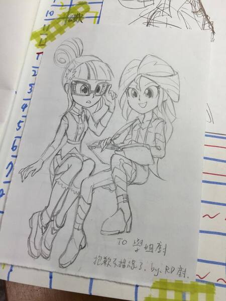 Size: 720x960 | Tagged: safe, artist:w2red, derpibooru import, sci-twi, sunset shimmer, twilight sparkle, equestria girls, boots, clothes, crystal prep academy uniform, diary, doodle, dress, feather, friendship, glasses, jacket, school uniform, shoes