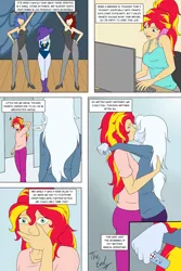 Size: 1000x1500 | Tagged: safe, artist:deltalima, derpibooru import, sunset shimmer, trixie, equestria girls, abrupt ending, alternate hairstyle, breasts, comic, crying, dialogue, female, kissing, lesbian, magic show, pregnancy test, pregnant, shipping, suntrix, tears of joy