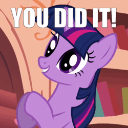 Size: 360x360 | Tagged: safe, derpibooru import, edit, edited screencap, screencap, twilight sparkle, pony, unicorn, look before you sleep, animated, caption, clapping, clapping ponies, cute, female, gif, gif with captions, golden oaks library, grin, image macro, impact font, mare, meme, sitting, smiling, solo, text, twiabetes, unicorn twilight, you did it