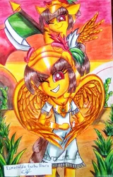 Size: 613x960 | Tagged: safe, artist:esmeralda castro, derpibooru import, oc, oc:tailcoatl, ponified, pegasus, pony, equestria girls, aztec, mexican flag, mexico, nation ponies, one eye closed, smiling, traditional art