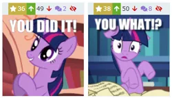 Size: 349x199 | Tagged: safe, derpibooru import, edit, edited screencap, screencap, twilight sparkle, twilight sparkle (alicorn), alicorn, pony, unicorn, derpibooru, look before you sleep, the crystal empire, animated, book, caption, clapping, clapping ponies, confused, cute, duality, eye twitch, female, floppy ears, frown, gif, gif with captions, golden oaks library, grin, image macro, impact font, juxtaposition, library, looking at you, mare, meme, meta, question, reaction image, self ponidox, sitting, smiling, solo, surprised, text, twiabetes, twitch, unicorn twilight, wide eyes, you did it