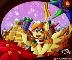 Size: 1500x1250 | Tagged: safe, artist:thedamneddarklyfox, derpibooru import, oc, oc:tailcoatl, ponified, pegasus, pony, aztec, christmas, clothes, colored, colored pupils, colored wings, cute, female, happy, hearth's warming, hearth's warming eve, holiday, hoof shoes, looking at you, mare, mexican, mexico, nation ponies, open mouth, poinsettia, scarf, smiling, snow, snowfall, solo, spread wings, wings, winter