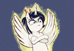 Size: 295x204 | Tagged: safe, artist:rusticanon, derpibooru import, oc, oc:eaststern, alicorn, pony, alicorn oc, angry, animated, aura, crossed arms, female, gif, horn, lightning, prepare to die, wings