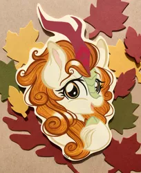 Size: 2810x3446 | Tagged: artist:emberslament, autumn blaze, awwtumn blaze, colored pencil drawing, cute, cutout, derpibooru import, female, kirin, leaves, looking at you, open mouth, photo, quadrupedal, safe, simple background, solo, sounds of silence, traditional art, unshorn fetlocks