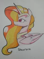 Size: 1352x1806 | Tagged: safe, artist:ponime11, derpibooru import, oc, oc:staurora, alicorn, pony, alicorn oc, bust, female, horn, mare, portrait, solo, traditional art, wings