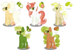 Size: 2952x2031 | Tagged: safe, artist:missmele-madness, derpibooru import, ponified, earth pony, fruit pony, object pony, original species, pegasus, pony, unicorn, avocado, carambola, female, food, fruit, guava, kiwi fruit, mare, pomelo, simple background, transparent background