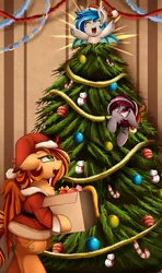 Size: 1786x3009 | Tagged: safe, artist:pridark, derpibooru import, oc, oc:pumpkin patch, unofficial characters only, bat pony, pony, bat pony oc, bat wings, box, candy, candy cane, christmas, christmas tree, clothes, commission, costume, eyes closed, food, happy, hat, holiday, open mouth, ornaments, santa costume, santa hat, snowman, tree, wings