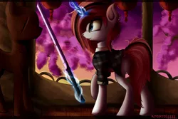 Size: 2560x1706 | Tagged: source needed, safe, artist:apostolllll, derpibooru import, oc, unofficial characters only, pony, unicorn, clothes, dummy, female, glowing horn, horn, magic, mare, plaid shirt, shirt, solo, sword, telekinesis, weapon