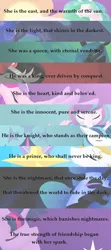 Size: 534x1198 | Tagged: safe, artist:mythpony, derpibooru import, king sombra, nightmare moon, prince blueblood, princess cadance, princess celestia, princess flurry heart, princess luna, queen chrysalis, shining armor, twilight sparkle, twilight sparkle (alicorn), alicorn, pony, poetry, royalty