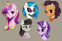 Size: 1224x827 | Tagged: safe, artist:hikariviny, derpibooru import, octavia melody, princess cadance, saffron masala, starlight glimmer, vinyl scratch, alicorn, earth pony, pony, unicorn, bandana, bowtie, bust, chest fluff, clothes, crown, ear fluff, ear piercing, female, glasses, gray background, headband, jewelry, looking at you, mare, piercing, portrait, regalia, simple background, smiling, tongue out