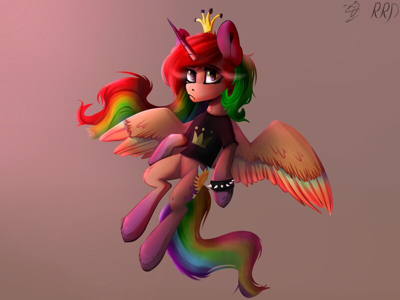 Size: 2560x1920 | Tagged: source needed, safe, artist:apostolllll, derpibooru import, oc, unofficial characters only, alicorn, pony, alicorn oc, bracelet, clothes, colored wings, crown, donut steel, horn, jewelry, multicolored hair, multicolored wings, rainbow hair, rainbow wings, regalia, shirt, simple background, solo, spiked wristband, t-shirt, wings, wristband