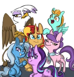 Size: 972x998 | Tagged: alternate mane six, artist:helloiamyourfriend, derpibooru import, drawthread, gilda, group photo, lightning dust, mane six opening poses, safe, starlight glimmer, sunset shimmer, suri polomare, trixie