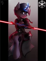 Size: 1636x2160 | Tagged: source needed, safe, artist:apostolllll, derpibooru import, oc, unofficial characters only, pony, semi-anthro, unicorn, crossover, curved horn, double lightsaber, glowing horn, horn, lightsaber, magic, solo, star wars, telekinesis, weapon