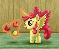 Size: 1500x1240 | Tagged: adorabloom, alicorn, alicornified, animated, apple, apple bloom, artist:lifesharbinger, barely animated, bloomicorn, cute, derpibooru import, eye shimmer, food, gif, levitation, magic, race swap, safe, solo, telekinesis, this will end in tears and/or death and/or covered in tree sap