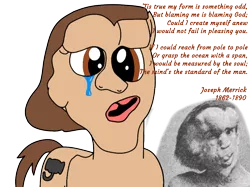 Size: 1024x765 | Tagged: safe, artist:didgereethebrony, derpibooru import, ponified, pony, crying, deformed, deformity, elephant man, joseph merrick, poem, solo, tears of pain