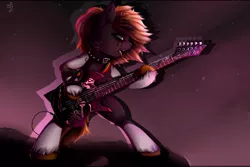 Size: 2560x1707 | Tagged: source needed, safe, artist:apostolllll, derpibooru import, oc, unofficial characters only, earth pony, pony, semi-anthro, collar, electric guitar, eyeshadow, guitar, makeup, metal, musical instrument, open mouth, running makeup, solo, spiked collar, tongue out