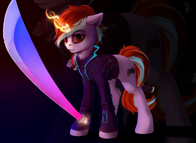 Size: 1920x1400 | Tagged: source needed, safe, artist:apostolllll, derpibooru import, oc, unofficial characters only, pony, unicorn, clothes, glowing horn, horn, magic, male, red eyes, saber, solo, stallion, telekinesis, weapon, zoom layer
