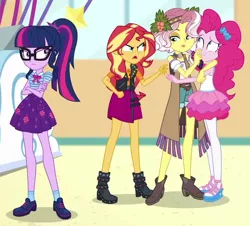 Size: 840x758 | Tagged: safe, derpibooru import, screencap, pinkie pie, sci-twi, sunset shimmer, twilight sparkle, vignette valencia, equestria girls, equestria girls series, rollercoaster of friendship, angry, boots, clothes, cropped, female, geode of empathy, geode of telekinesis, glasses, jacket, magical geodes, pantyhose, ponytail, sandals, shoes, shorts, skirt, socks