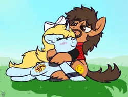 Size: 3027x2292 | Tagged: safe, artist:rivibaes, derpibooru import, oc, oc:jack foley, earth pony, pony, unicorn, blushing, bow, bracelet, clothes, cuddling, facial hair, jewelry, plaid, vest